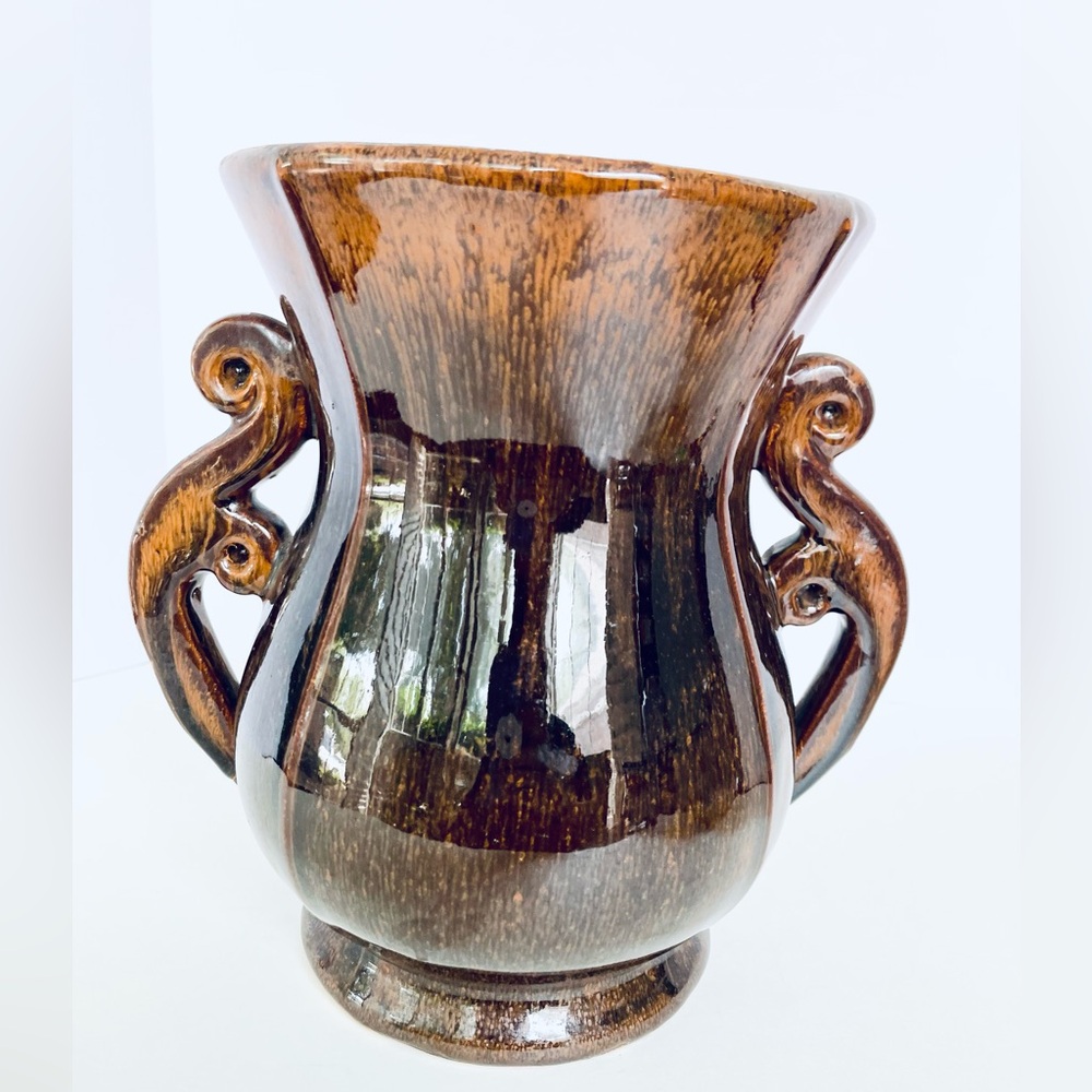 Vintage Large 9” x 9” Two Handle Urn Vase-Heavy Green Brown Slick Glaze